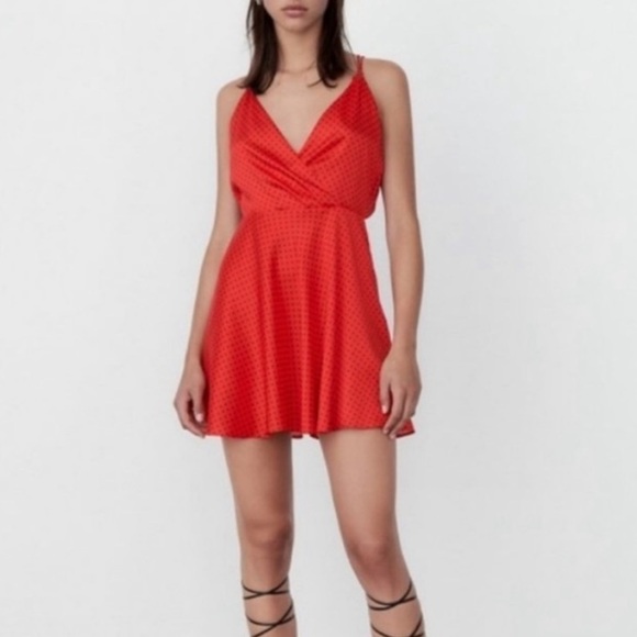NWT Zara Silky Polka Dot Tie Back Mini Dress Red & Black - Picture 3 of 10